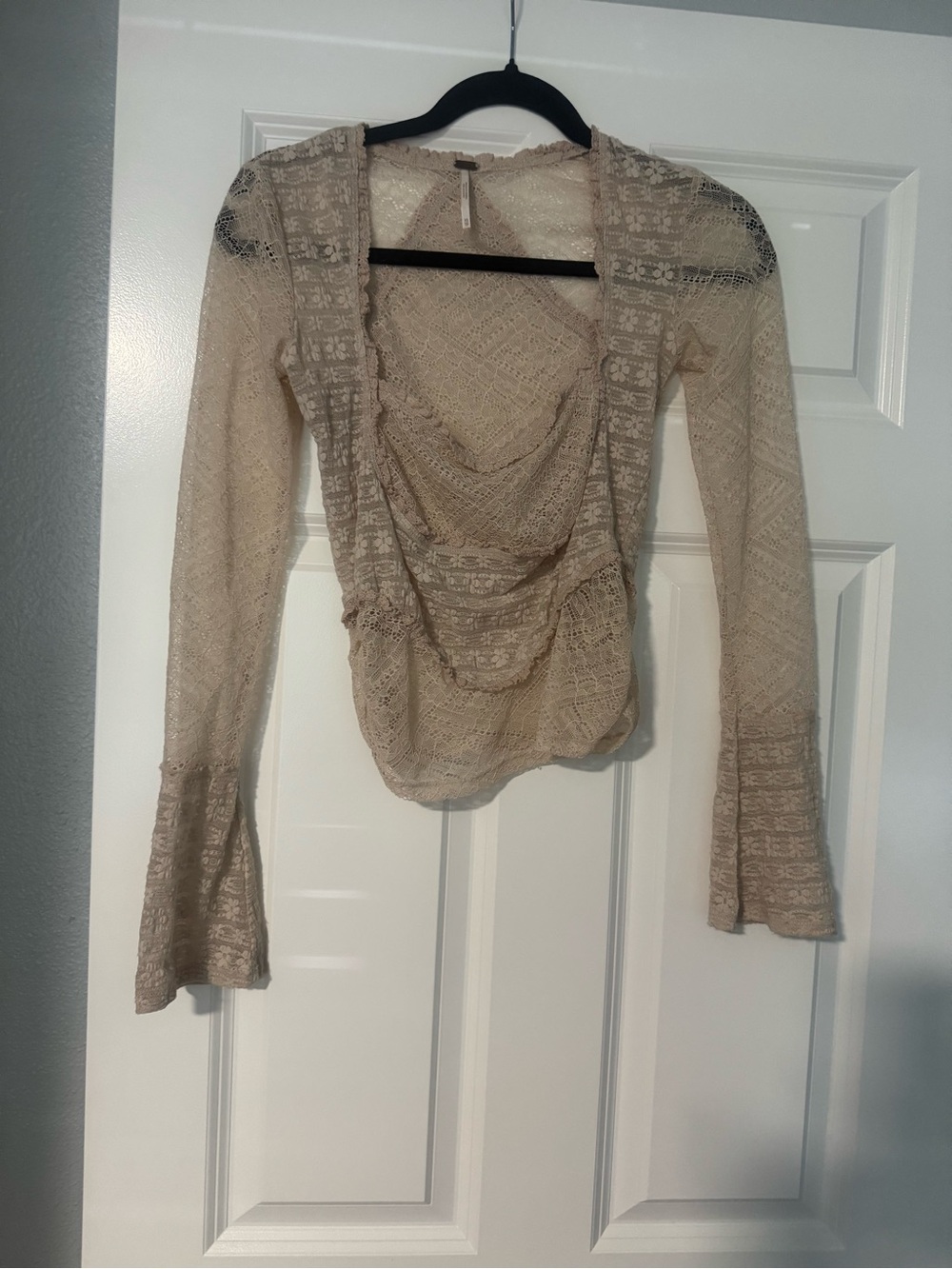 Free People Beige Lace Draped Long-Sleeve Blouse